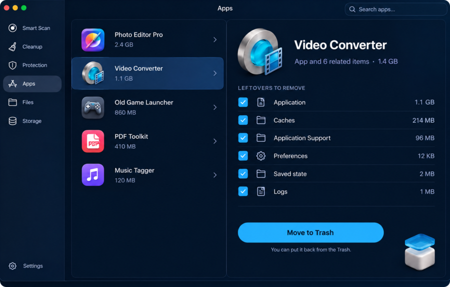 MacWipe Apps: an app selected with its caches, support files, preferences and logs listed for removal.