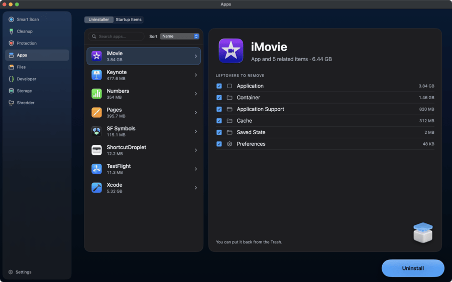 MacWipe Apps: iMovie selected with its container, support files, cache and preferences listed for removal.