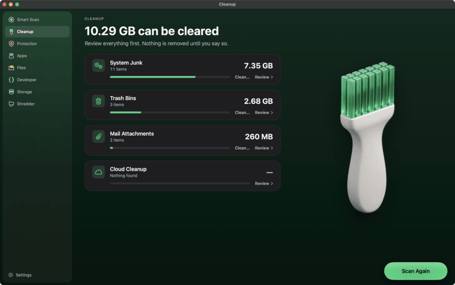 MacWipe Cleanup: 10.29 GB that can be cleared, split into System Junk, Trash Bins and Mail Attachments.