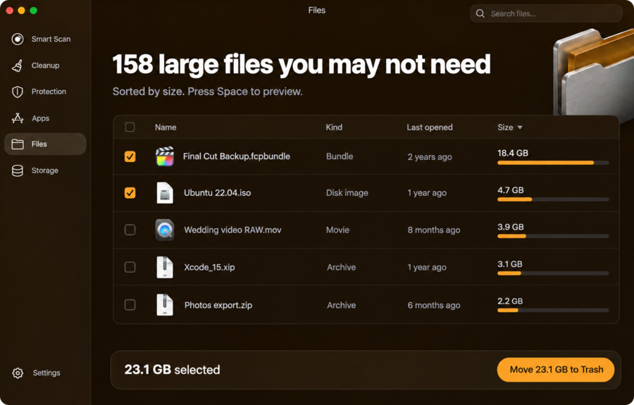 MacWipe Files: large files listed with their kind, when they were last opened and their size.