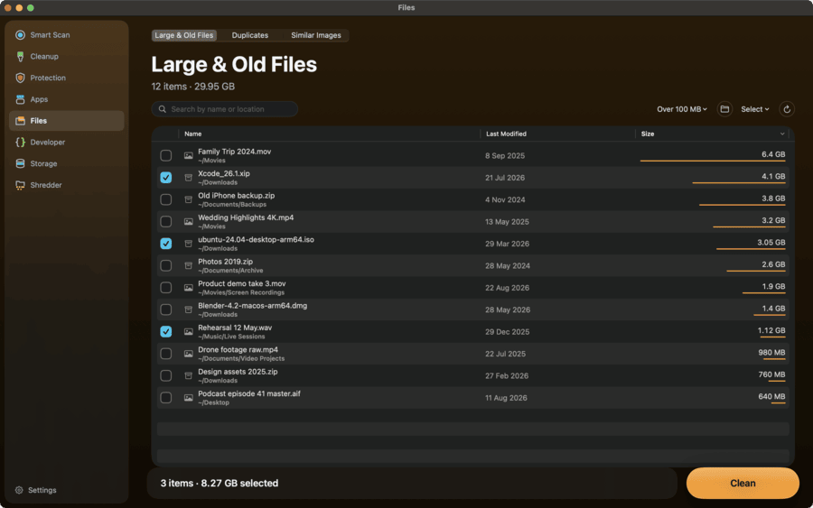 MacWipe Files: large files listed with their kind, when they were last opened and their size.