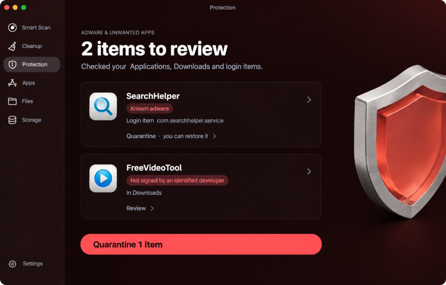 MacWipe Protection: two items to review, one known adware login item and one app not signed by an identified developer.