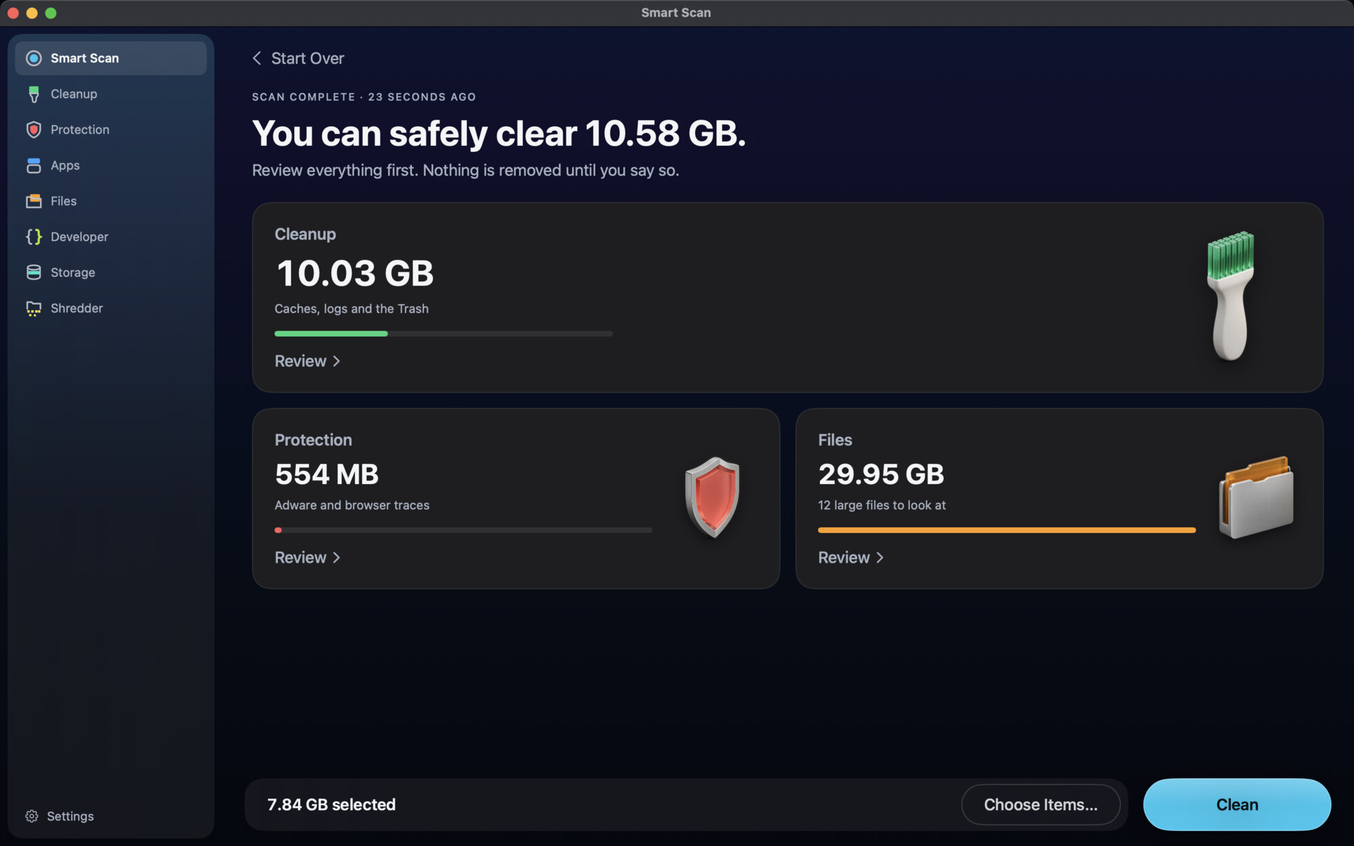 MacWipe Smart Scan results: 10.58 GB that can be safely cleared, split into Cleanup, Protection and Files.
