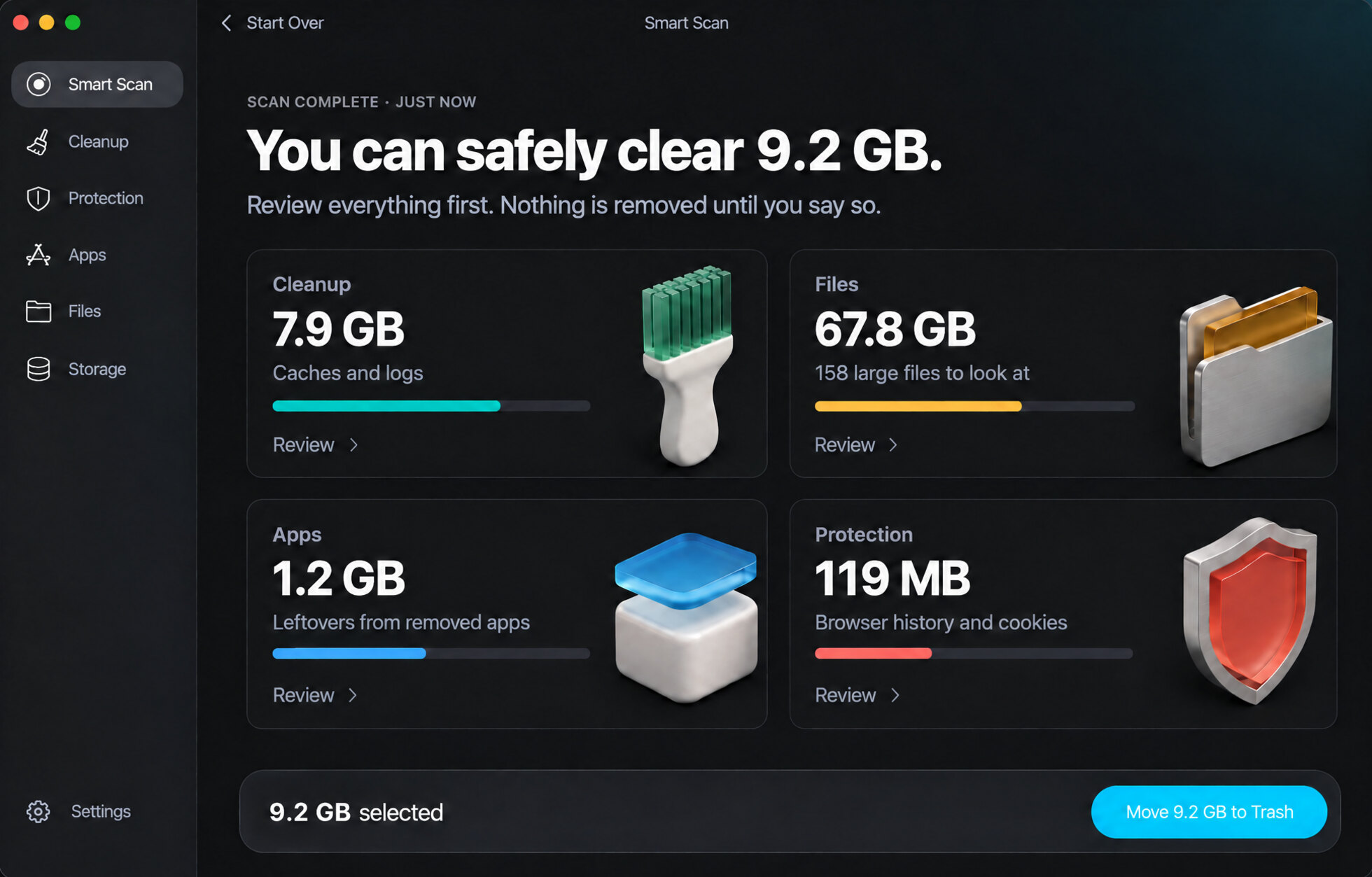 MacWipe Smart Scan results: 9.2 GB that can be safely cleared, split into Cleanup, Files, Apps and Protection.