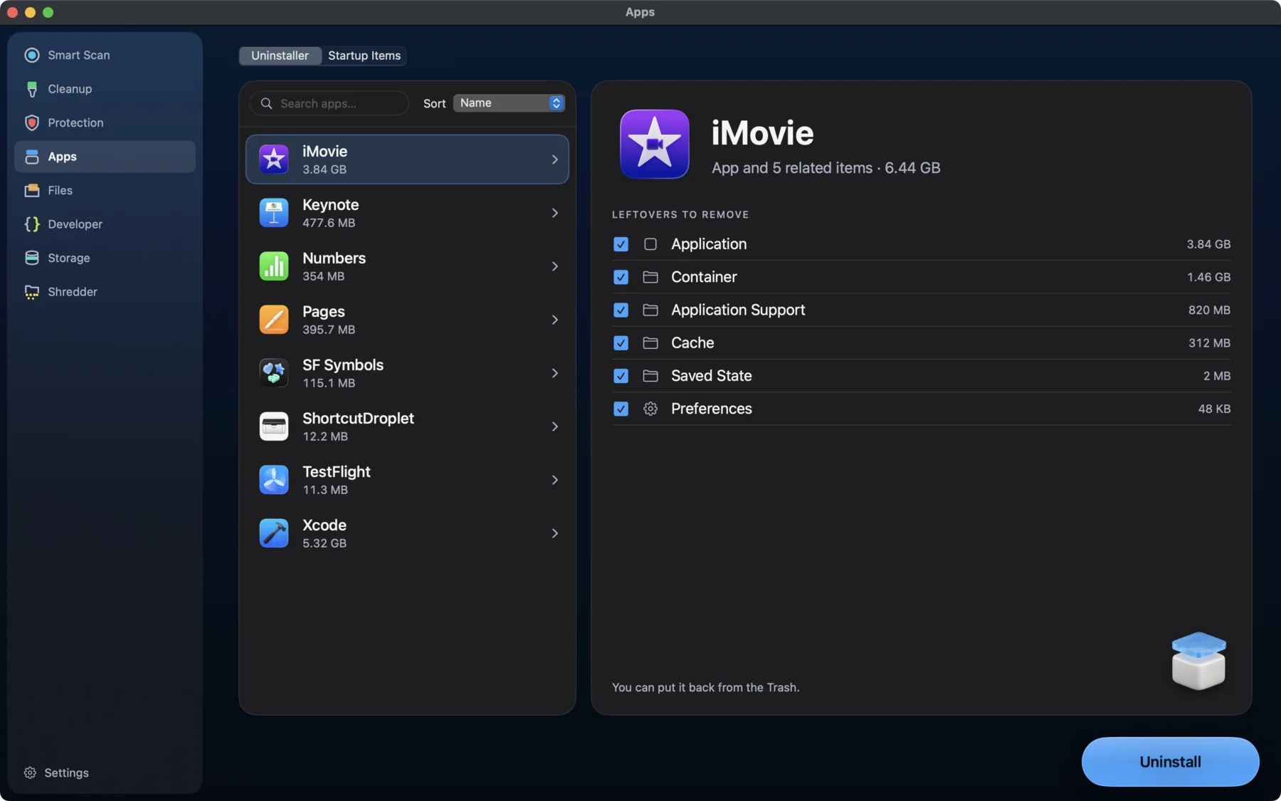 MacWipe Apps: iMovie selected with its container, support files, cache and preferences listed for removal.