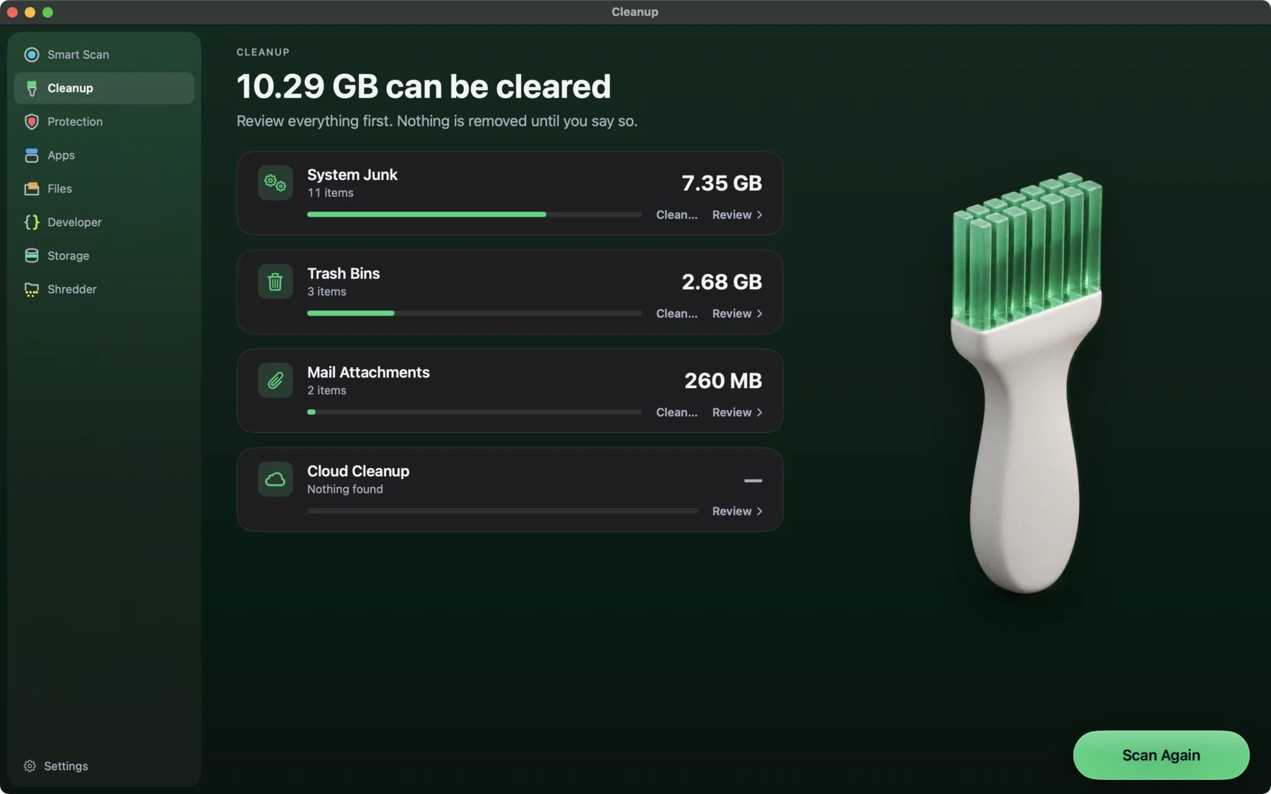MacWipe Cleanup: 10.29 GB that can be cleared, split into System Junk, Trash Bins and Mail Attachments.