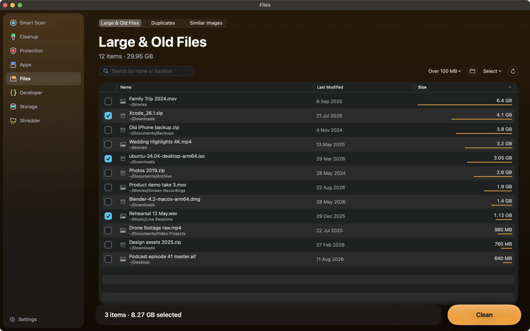 MacWipe Files: large files listed with their kind, when they were last opened and their size.