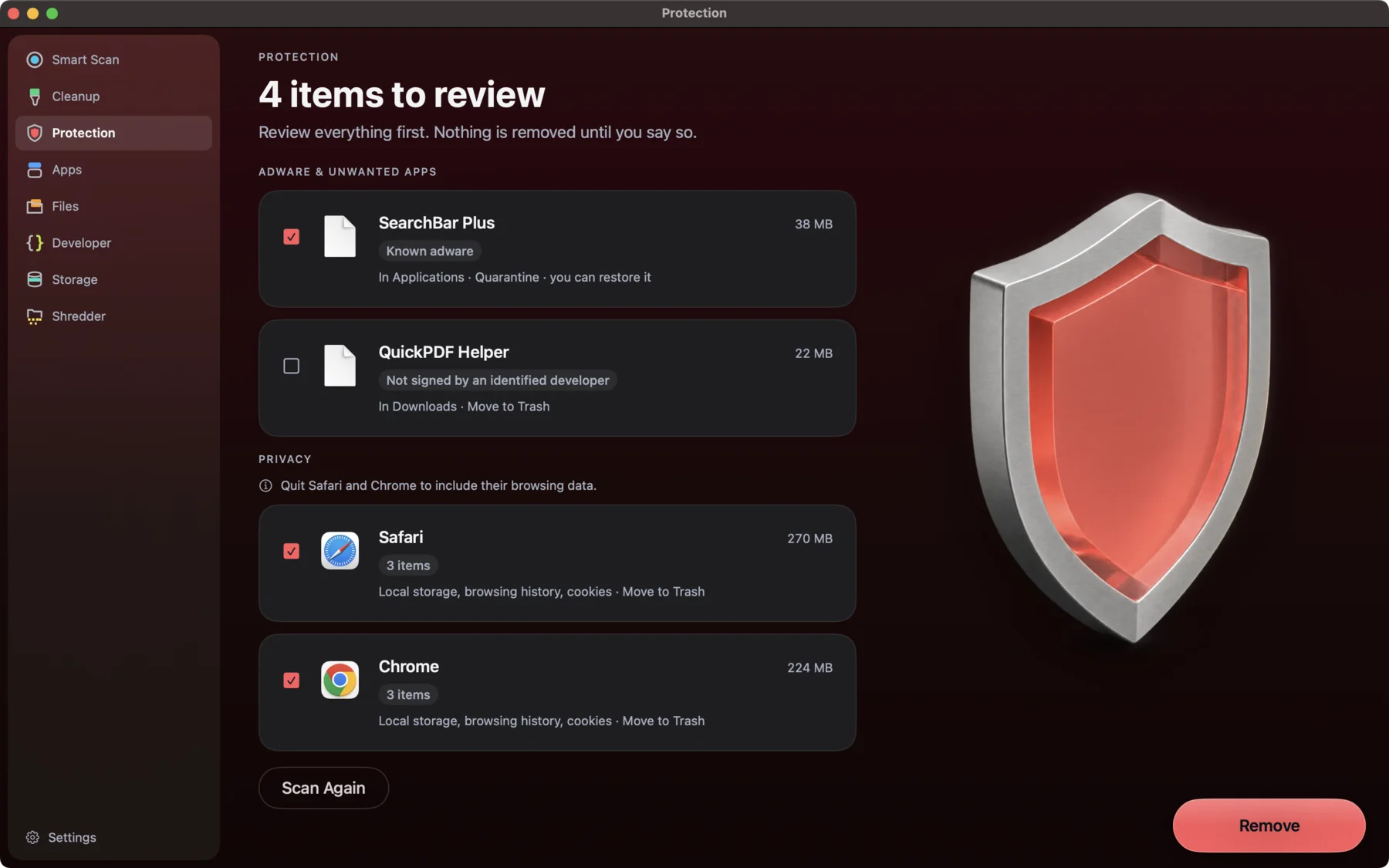 MacWipe Protection: four items to review, a known adware app, an app not signed by an identified developer, and Safari and Chrome browsing data.