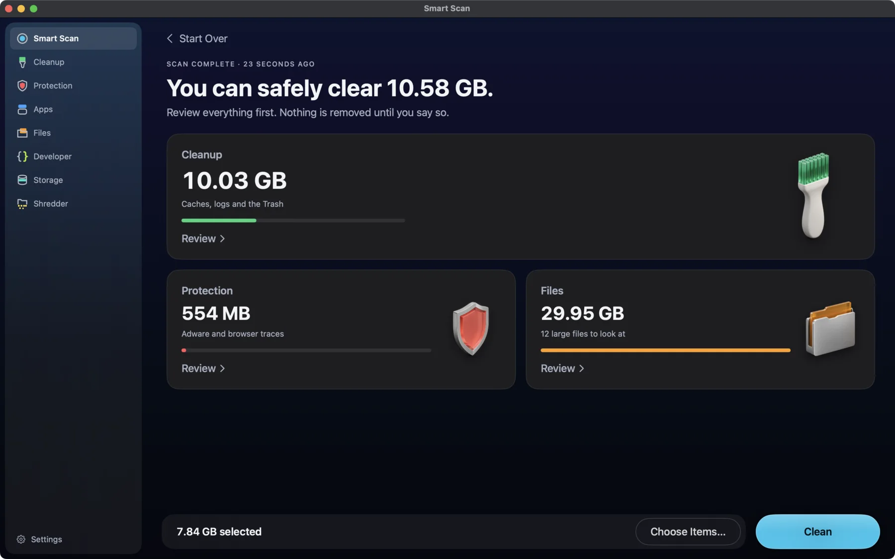 MacWipe Smart Scan results: 10.58 GB that can be safely cleared, split into Cleanup, Protection and Files.